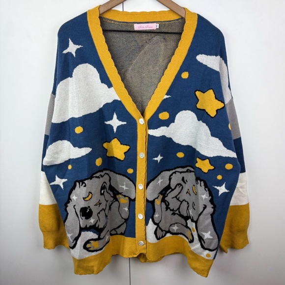 Koko Kuma Moon Bunny Cardigan Sweater Kawaii Rabbit Chibi Clouds Button Front XL - Picture 2 of 12